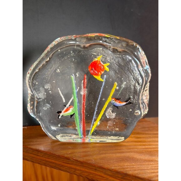 Unbranded Other - Vintage Handcrafted Glass Paperweight With Colorful Fish & Flower Scene